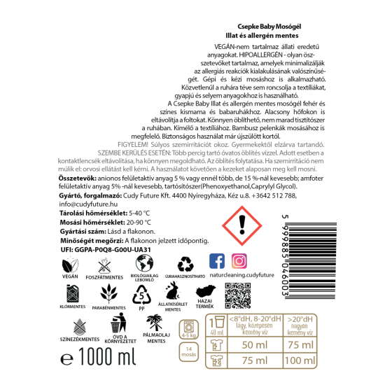 Csepke Baby illat és allergén mentes mosógél 0m+ 1 liter